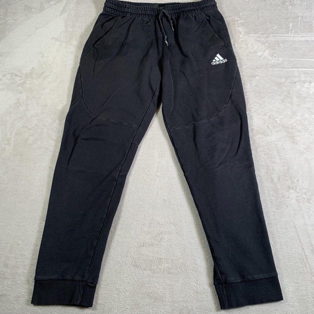 Adidas Jogger Sweatpants Mens Large Black Fleece Tapered Ribbed‎ Cuffs Pockets